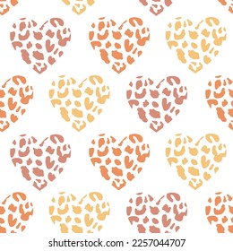 Cheetah Wild Heart Seamless Pattern. Trendy Leopard Animal Skin Print Vector Background Texture, Exotic romantic, Valentines Day hand drawn fabric, textile, wallpaper design, scrapbook digital paper