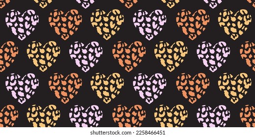Cheetah Wild Heart Seamless Pattern. Trendy Leopard Animal Skin Print Vector Background Texture, Exotic romantic, Valentines Day hand drawn fabric, textile, wallpaper design, scrapbook digital paper