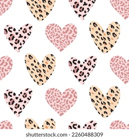 Cheetah Wild Heart Seamless Pattern. Trendy Leopard Animal Skin Print Vector Background Texture, Exotic romantic, Valentines Day hand drawn fabric, textile, wallpaper design, scrapbook digital paper