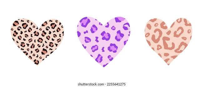 Cheetah Wild Heart Vector Illustration Set with Trendy Leopard Animal Print Decor, Exotic romantic clipart, hand drawn decorative elements collection. Isolated on white. Valentines day, wedding design