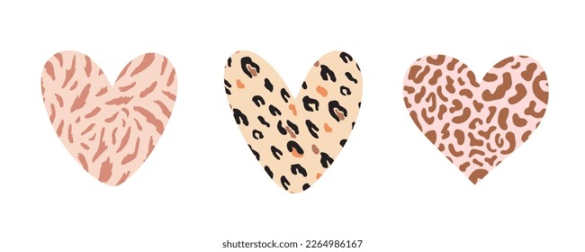 Cheetah Wild Heart Vector Illustration Set with Trendy Leopard Animal Print Decor, Exotic romantic clipart, hand drawn decorative elements collection. Isolated on white. Valentines day, wedding design