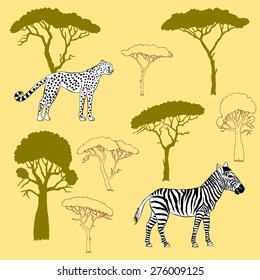 Cheetah, zebra and savanna trees. Vector Illustration