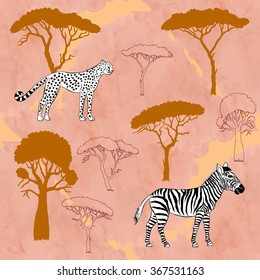 Cheetah, zebra and savanna trees. Vector Illustration