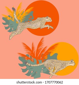 Cheetahs, great design for any purposes. Textile pattern on pink background. Safari style, fashion colors. Wild animals.