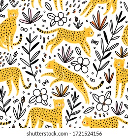 Cheetahs hunting butterflies, vector seamless pattern