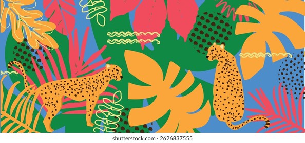 Cheetahs in tropical jungle with colorful flat leaves. Bold vector pattern for summer, nature, or fashion design