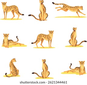 Cheetahs in Various Poses A Cartoon Illustration, Cartoon leopard set.