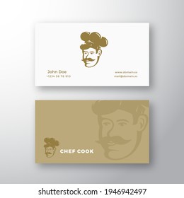 Chef Abstract Vector Logo and Business Card Template. Retro Style Emblem. Cook Face in a Hat with Mustache. Premium Stationary Realistic Mock Up. Isolated.