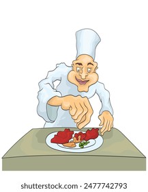 Chef add seasoning in to his fresh food vector character