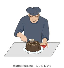 Chef adding sprinkles to a cake in a vector illustration. Wearing a chef hat, focused and content while decorating the dessert. Illustrates creativity and culinary art.