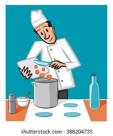 A Chef adds some carrots into the stock pot