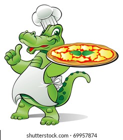 chef alligator happy and proud show of his pizza