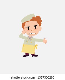 Chef , is angry and points his head with his index finger.