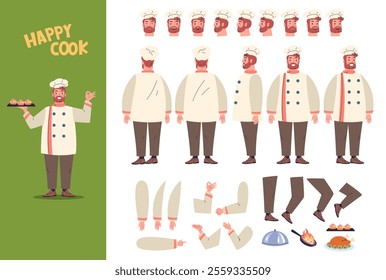 Chef animation. Chief cook character creation kit, man in hat apron cooks uniform back front view standing restaurant worker, cartoon game characters classy vector illustration original artwork