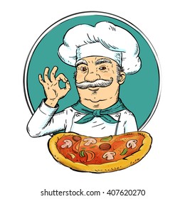 Chef Appetizing Pizza Illustration Italian Cartoon Stock Vector ...