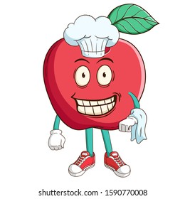 chef of apple fruit cartoon character bring a napkin with funny smile face