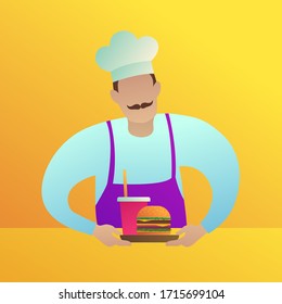Chef en el menú de la hamburguesa y el delantal. Deliciosa hamburguesa y soda beben ilustraciones vectoriales al estilo de las caricaturas. Almuerzo de comida callejera y menú de comida rápida. Restaurante cocinar con comida.