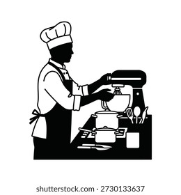 Chef in apron and hat mixing ingredients in kitchen with utensils and appliances