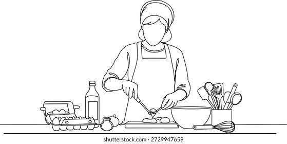 Un chef con delantal y sombrero se para en un mostrador con ingredientes y utensilios de cocina, preparando una comida.