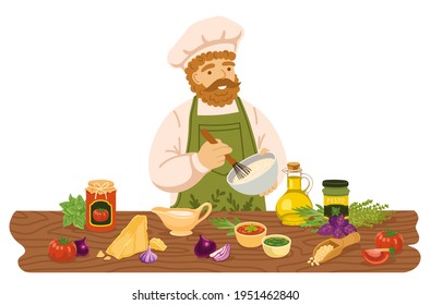 Chef in apron mixing ingredients preparing sauce at kitchen table. Homemade dressings. Pesto, bolognese, béchamel, tomato sauce. Vector cartoon illustration.