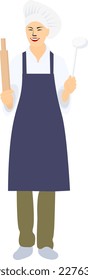 A chef in an apron stands and poses with kitchen utensils