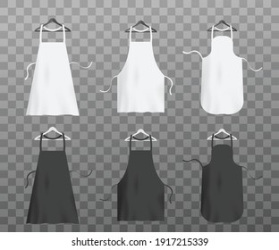 Chef aprons set. White and black kitchen textile uniform on hangers, protective clothing for cook food. Vector realistic 3d illustrations isolated on transparent background.