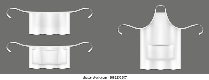 Chef Aprons, White Cook Uniform 3d Vector Mockup. Kitchen Or Bakery Staff Bibs Or Pinafore With Front Pocket And Strings Isolated Realistic Templates. Restaurant, Cafe Or Barbecue Party Garment Design