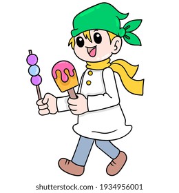 Chef assistant is bringing satay and ice cream food ready to be enjoyed, vector illustration art. doodle icon image kawaii.