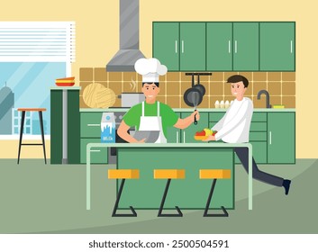Chef and assistant in the kitchen. Kitchen cooking concept. Flat style vector illustration.