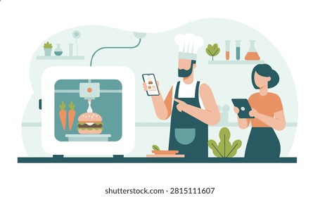 Chef and assistant using mobile applications to control a modern three-dimensional food printer making fresh burgers.