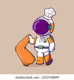 The chef astronaut is holding a chicken wing and going to fry for serving customer of illustration