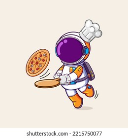 El astronauta del chef se tropieza y va a caer mientras sostiene una pizza a mano