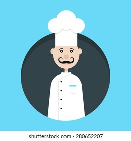 chef avatar in dark circle. concept of haute cuisine, culinary secrets, invitation, hobby, bon appetite, chief. isolated on blue background. flat style trend modern design vector illustration