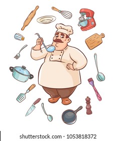 Chef in the background of dishes and kitchen objects