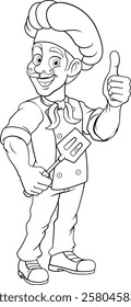 A chef, baker or barbecue cook man giving a thumbs up and holding a BBQ or cooking spatula mascot character illustration 