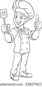 A chef, baker or barbecue cook man giving a thumbs up and holding a BBQ or cooking spatula mascot character illustration 