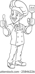 A chef, baker or barbecue cook man giving a thumbs up and holding a BBQ or cooking spatula mascot character illustration 