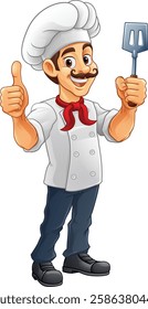 A chef, baker or barbecue cook man giving a thumbs up and holding a BBQ or cooking spatula mascot character illustration 