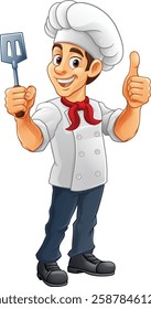 A chef, baker or barbecue cook man giving a thumbs up and holding a BBQ or cooking spatula mascot character illustration 