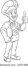 A chef, baker or barbecue cook man giving a thumbs up and holding a BBQ or cooking spatula mascot character illustration 