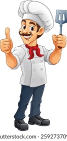 A chef, baker or barbecue cook man giving a thumbs up and holding a BBQ or cooking spatula mascot character illustration 