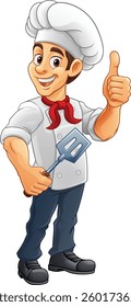 A chef, baker or barbecue cook man giving a thumbs up and holding a BBQ or cooking spatula mascot character illustration 