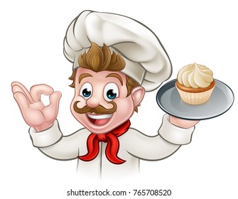 A chef or baker cartoon character holding a plate with a cupcake or fairy cake on it