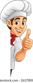 A chef or baker cartoon cook food man mascot character peeking around a sign or menu with copy space illustration