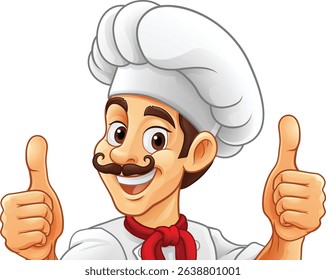 A chef or baker cartoon cook food man mascot character peeking around a sign or menu with copy space illustration