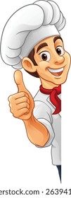 A chef or baker cartoon cook food man mascot character peeking around a sign or menu with copy space illustration