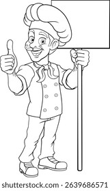 A chef or baker cartoon cook food man mascot character holding a sign or menu board with copy space illustration