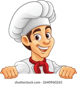 A chef or baker cartoon cook food man mascot character peeking around a sign or menu with copy space illustration