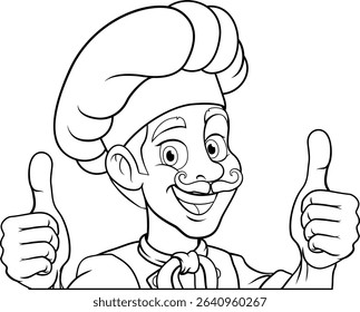 A chef or baker cartoon cook food man mascot character peeking around a sign or menu with copy space illustration