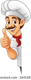A chef or baker cartoon cook food man mascot character peeking around a sign or menu with copy space illustration